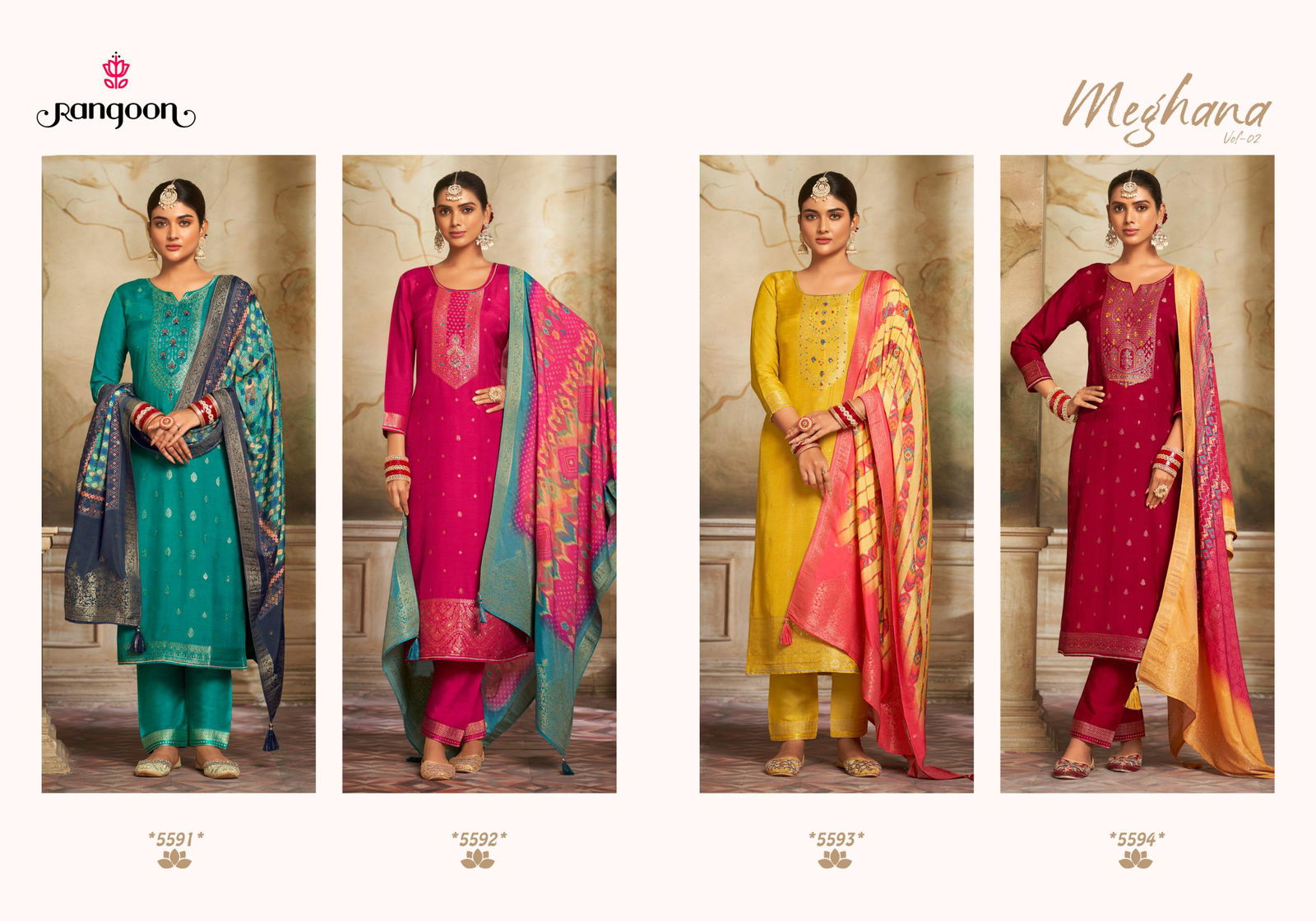 Meghana Vol 2 By Rangoon Jacquard Kurti With Bottom Dupatta Wholesalers In Delhi
